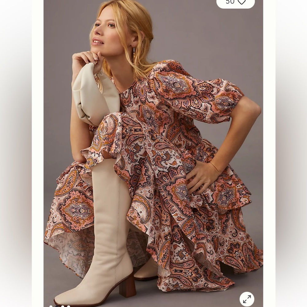 ANTHROPOLOGIE Kachel Tiered Maxi Dress desert paisley print short sleeve pink